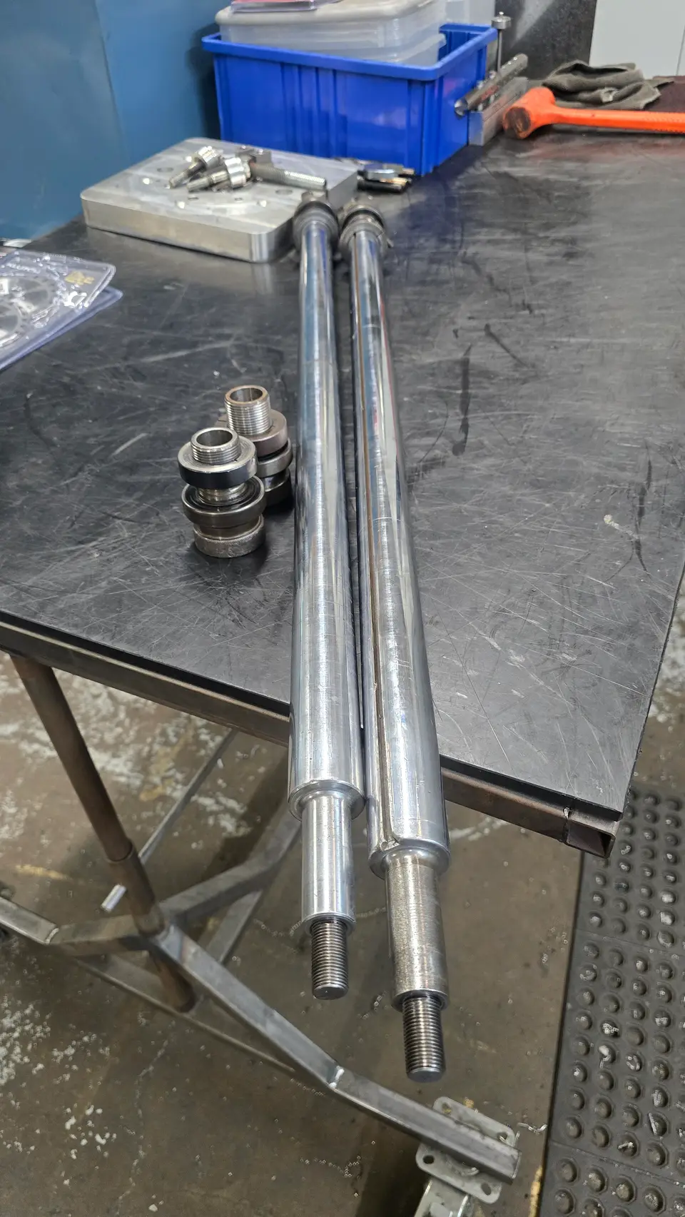 Long turned shafts on the bench
